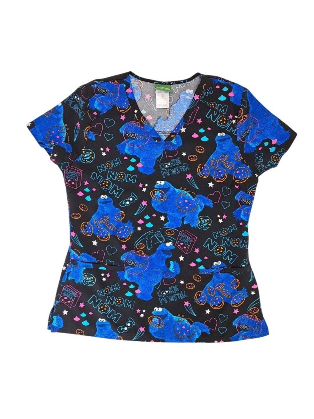 Sesame Street Cookie Monster Women Scrub Top Size Medium Black Blue Nom Munchies